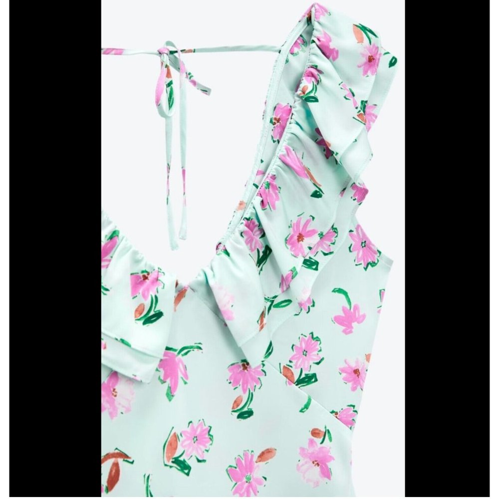 ZARA GREEN FLORAL PRINT SATIN MIDI DRESS WITH RUFFLE TRIMS SIZE S, NWT SS22 - Picture 9 of 10